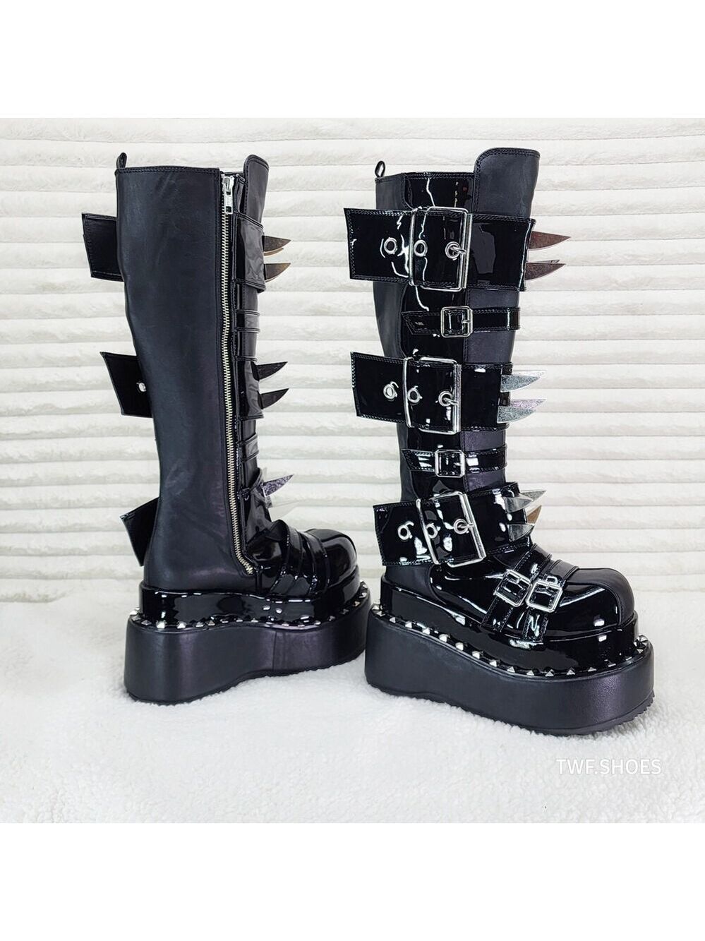 NIB Bear 512 Metal Claw Spiked Platform Punk Goth Knee Boots Patent Matte Finish